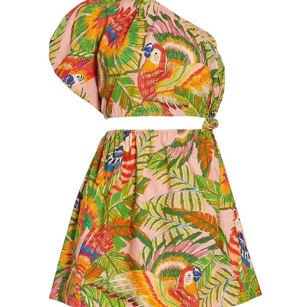 ❌❌❌ SOLD OUT $168 Farm Rio Macaw Leaves One-Shoulder Cut-Out Minidress Size L